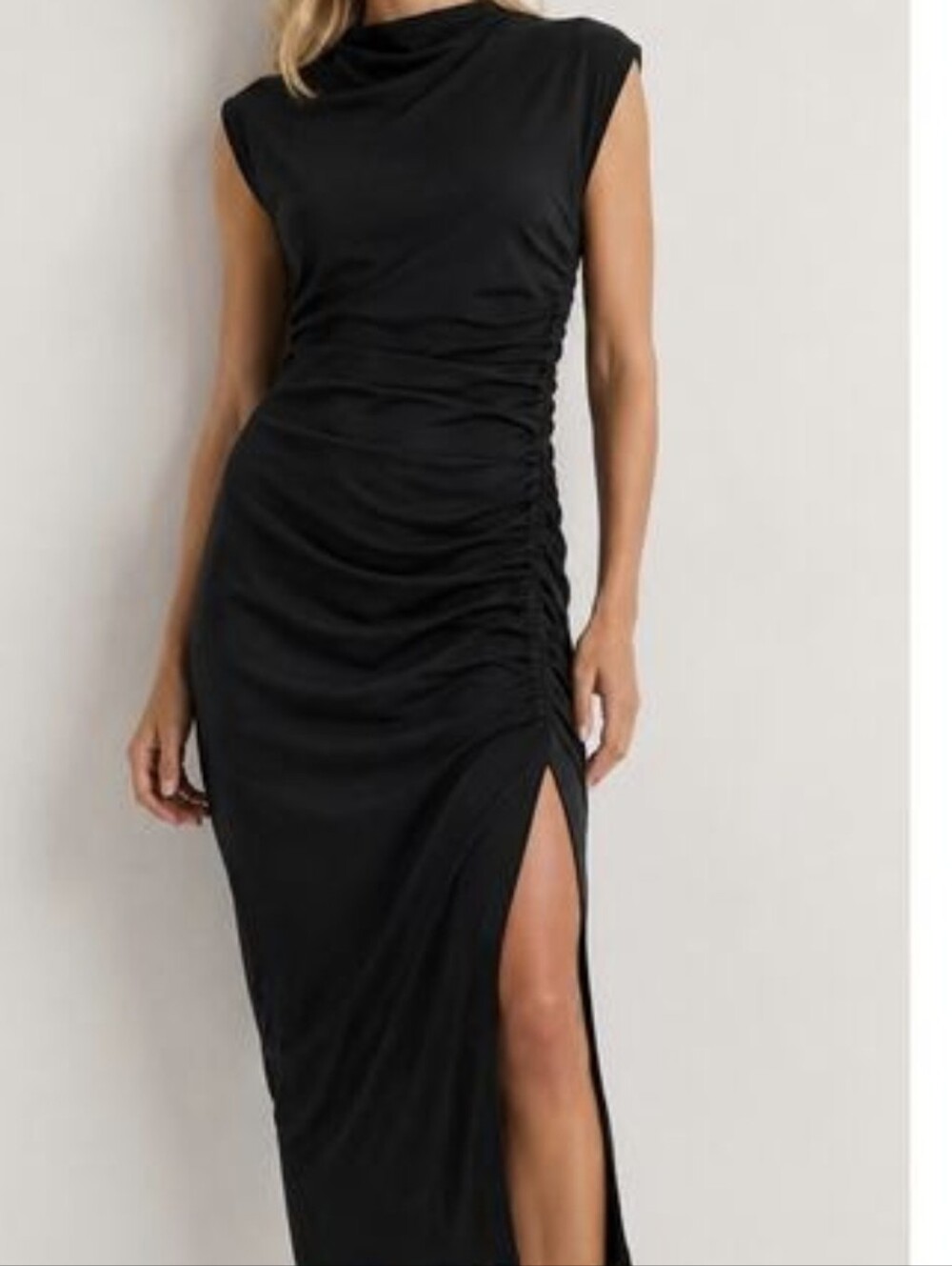Quince Black Ruched Side-Slit Maxi Dress Jersey